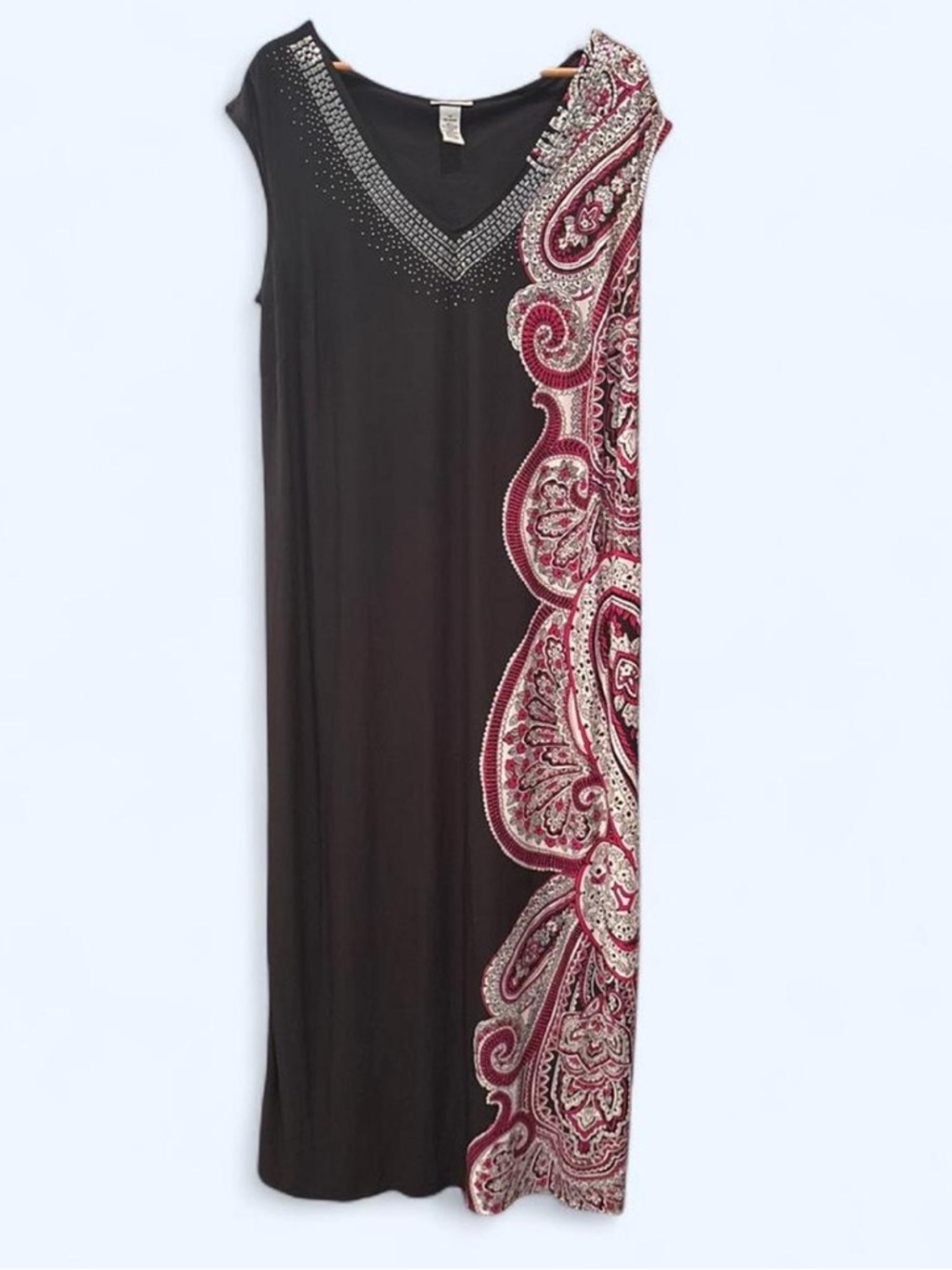Catherines Black Maxi Dress with Burgundy Paisley Side Panel